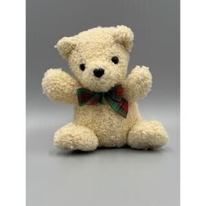 Vintage Sasco Cream Colored Teddy Bear Plush 7” Christmas Ribbon Stuffed Animal